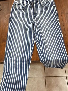 Kensie Blue and White Vertical-Stripe Straight-Leg Pants